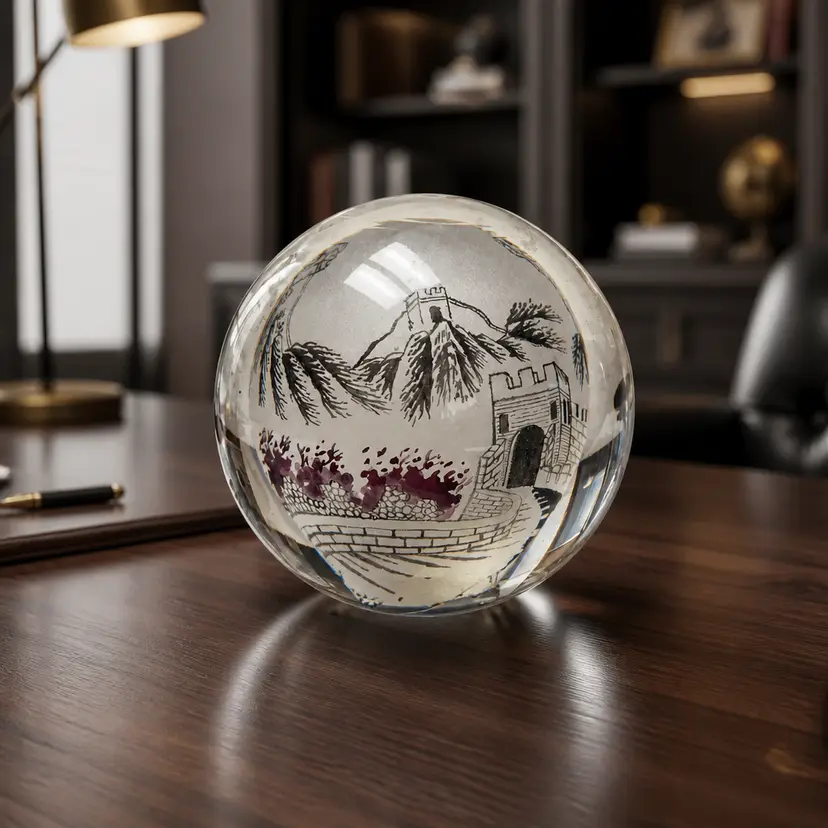 Vtg Chinese Reverse Painted Glass Paperweight, Scene of Great Wall of China, 3"