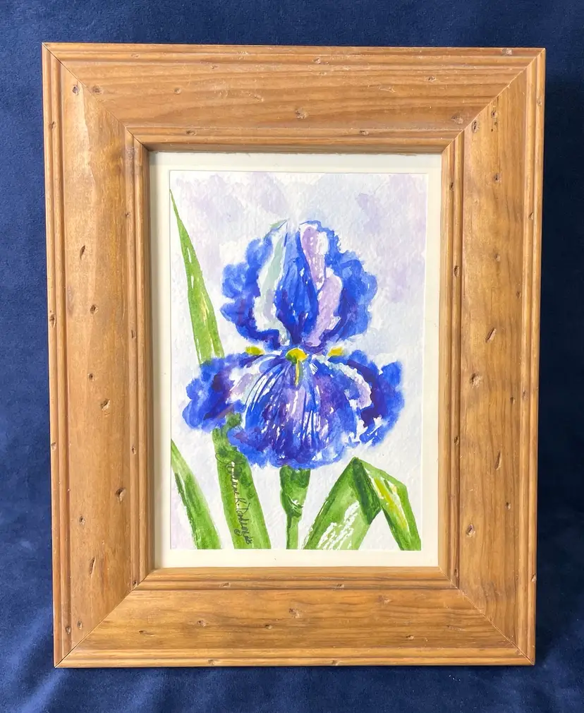 JeNeane Dodson Original Signed Watercolor Art Card Framed Blue Iris Floral Painting AWS 5x7