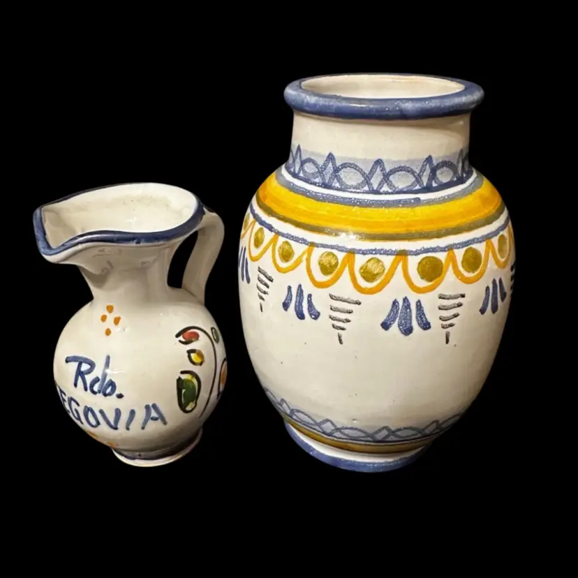 009 Traditional Spanish Talavera Small Vase And Mini Pitcher Blue Yellow Handpainted