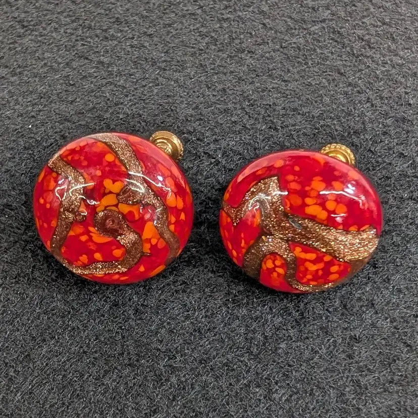Vintage Miriam Haskell Red Venetian Glass with Aventurine Button Earrings Signed