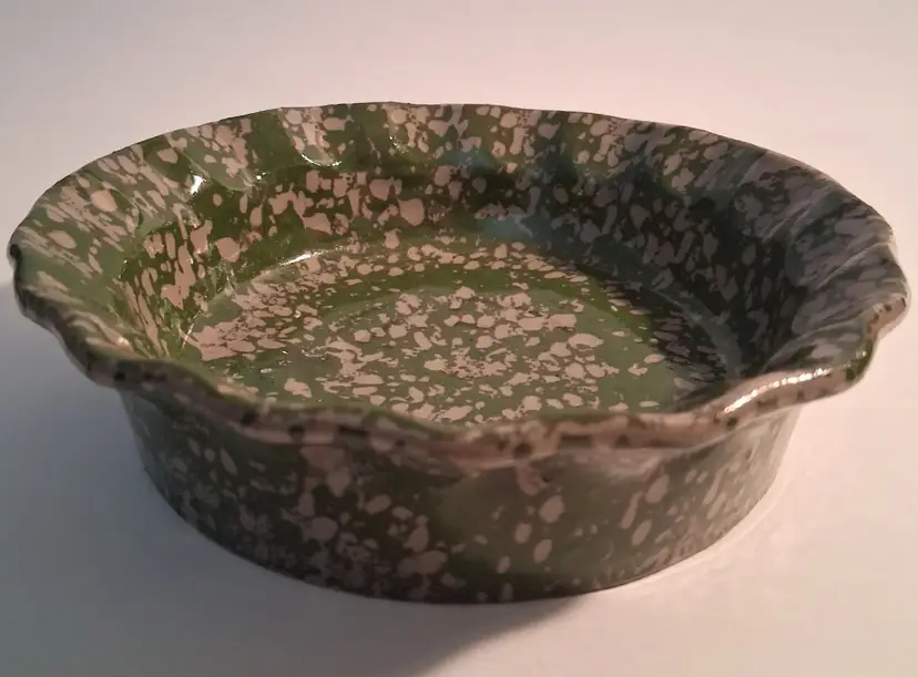 Vintage 1995 Beaumont Brothers Pottery Green Spongeware Salt Glazed Crimped Edge Dish or Shallow Bowl