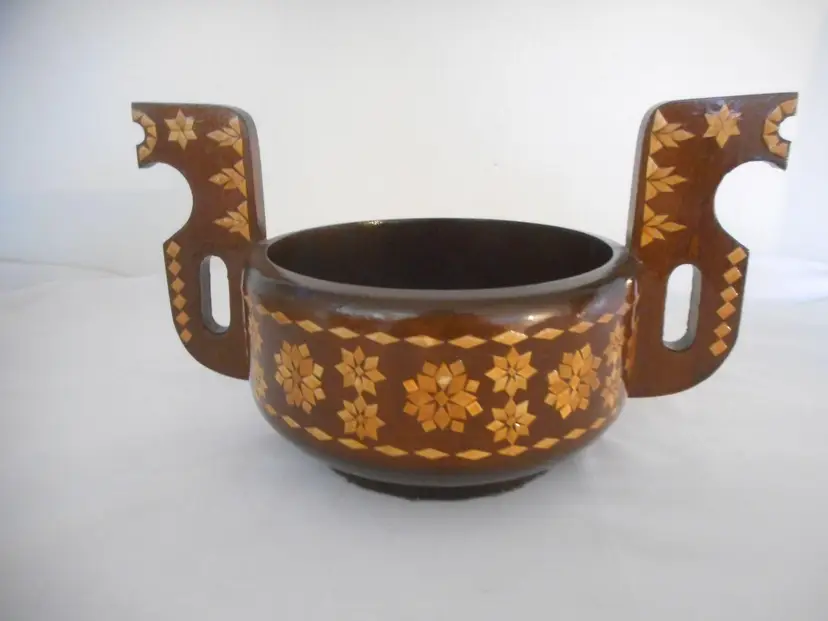 Vintage Russian Folk Art Wood Straw Inlay Bowl Dish USSR