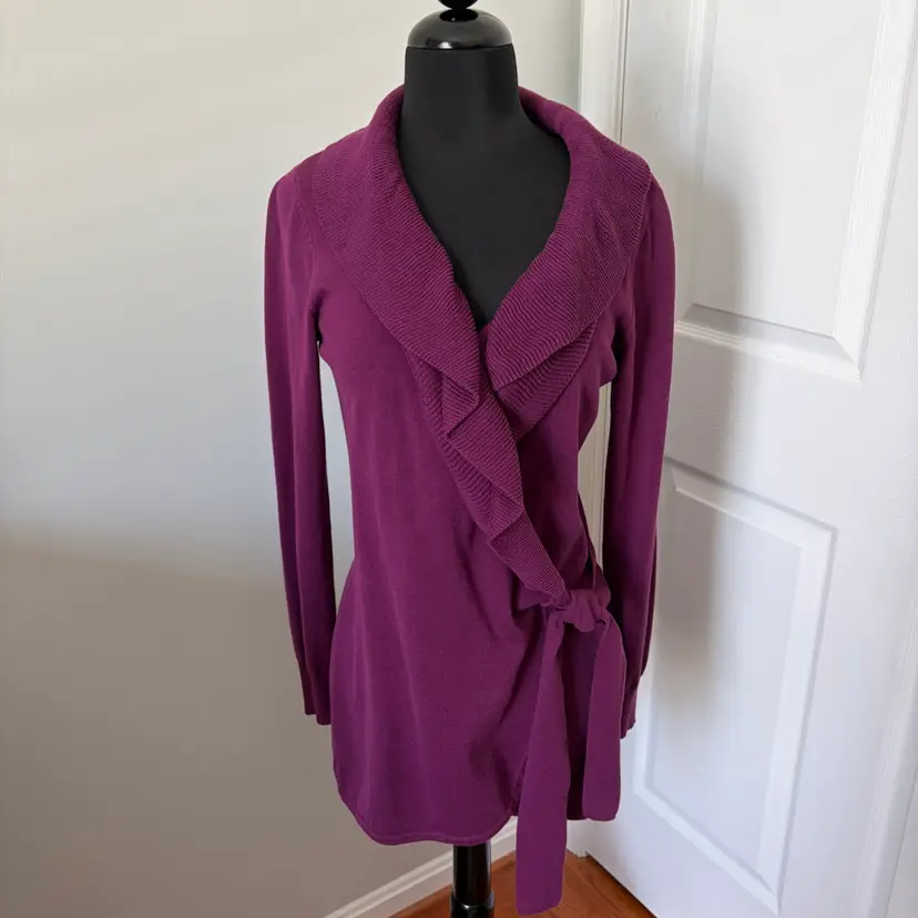 AVA, Dark Fuschia, Long Sleeve, Ruffled, Tie Close Sweater, Size Small