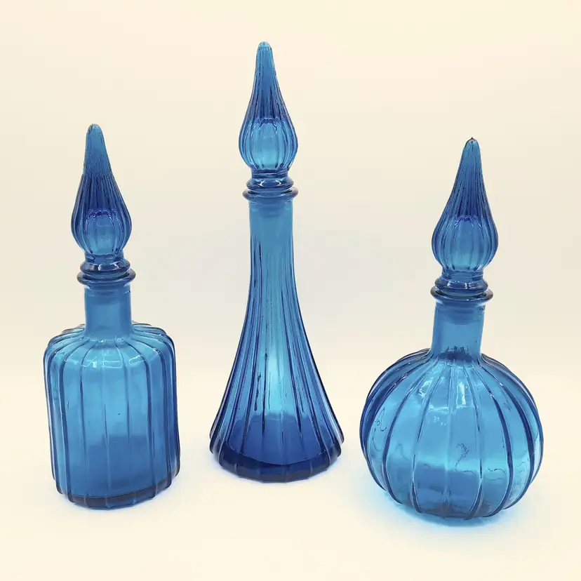 Vintage Teal Blue Glass Ribbed Genie Bottles Decanters with Teardrop Stoppers Set of 3