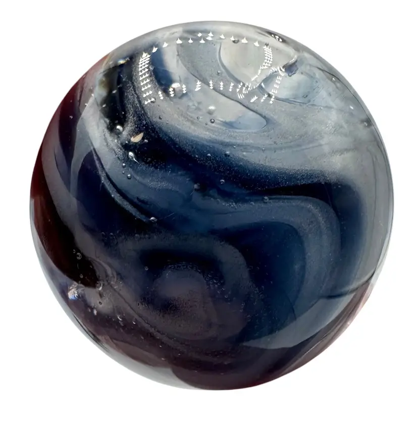 Handmade Art Glass Marble Multicolored Swirl Dark Blue White Gray Bubbles .96”