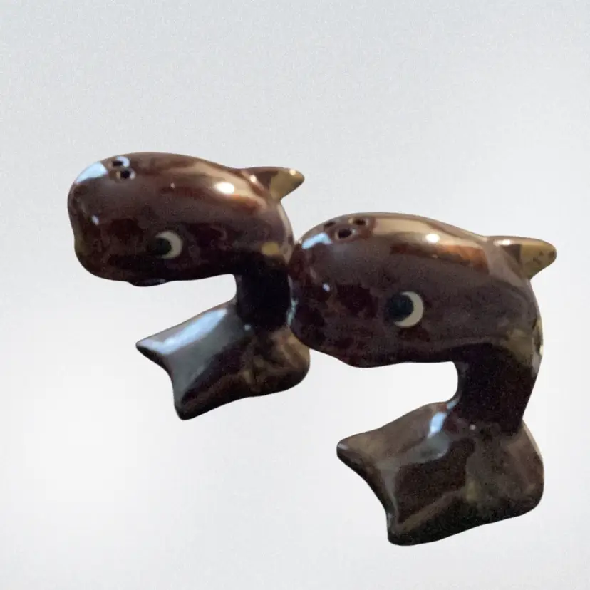 Vintage Brown Jumping Whales Redware Salt & Pepper Shakers