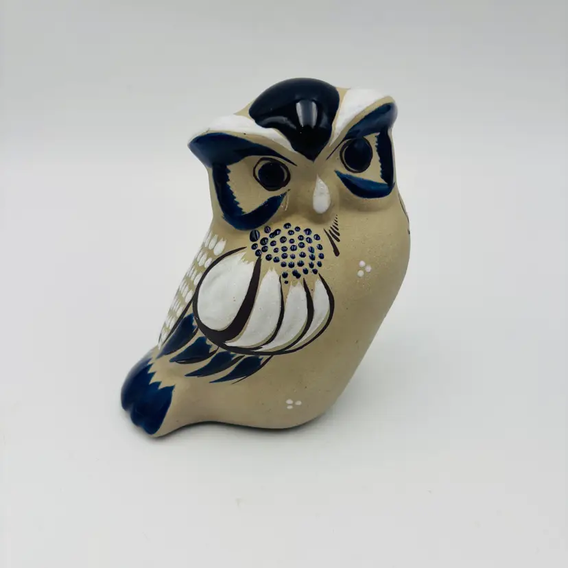 Tonala Mexican Pottery OWL Bird Figurine Handmade Folk Art Hand Painted Signed