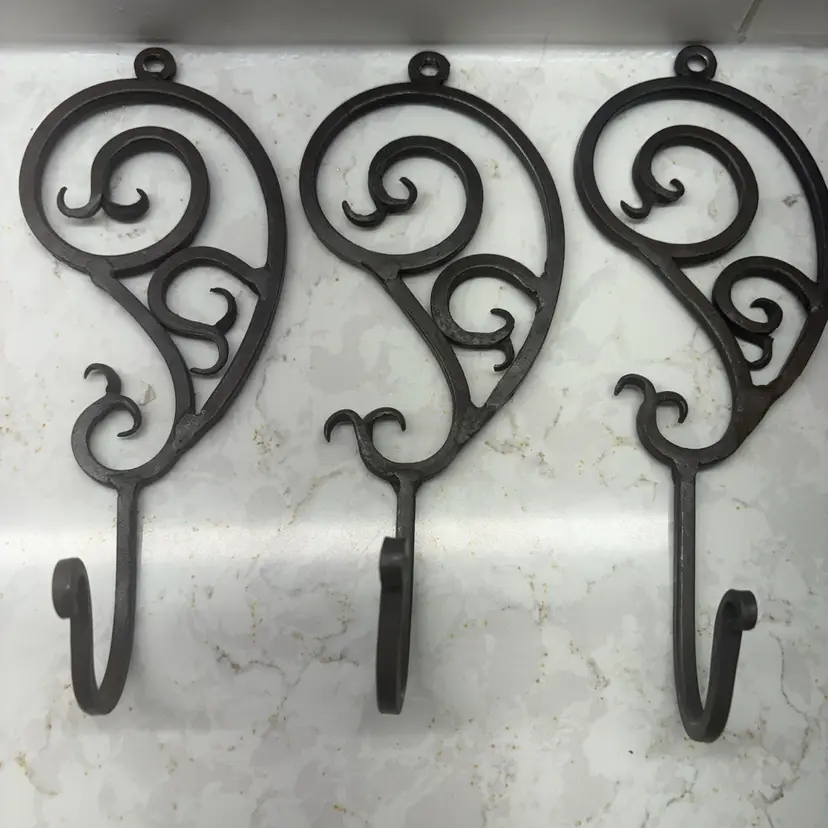 Set of 3 Wrought Iron Scroll Wall Hooks - Hand Forged Heart Shape - 8"