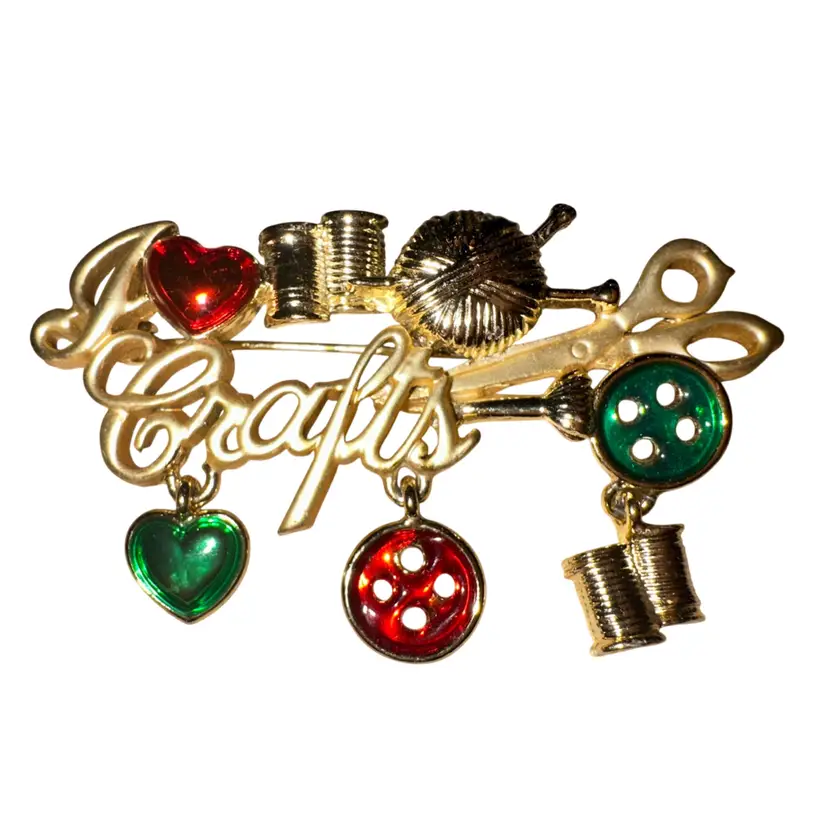 Gold Tone “I Love Crafting” Brooch W/Charms
