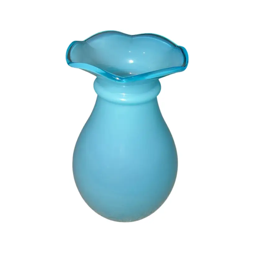 Mid-Century Style Acid Etched Czechoslovakia Light Blue Opalescent Art Glass Ruffled Rim Vase