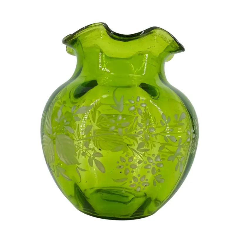 Victorian Green Glass Hand Painted Floral Vase