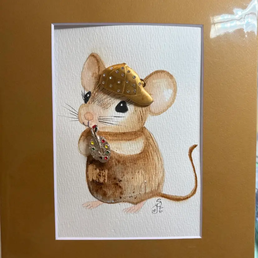 Original Watercolor Arthur The Artist Mouse 5 X 7 In 8 X 10 Matte With Hat And Paint Pallet Brooches