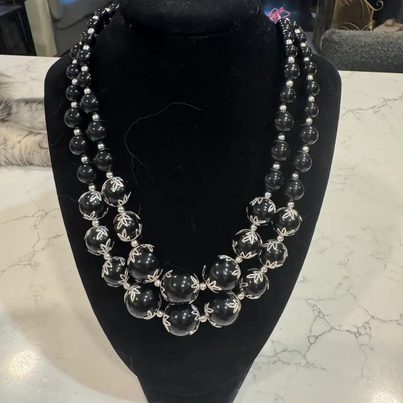Double Black Beads With Filigree Necklace