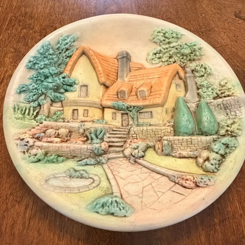 Vintage 3D Relief- Chalkware Wall Plate- English Tudor Garden Cottage- 11”