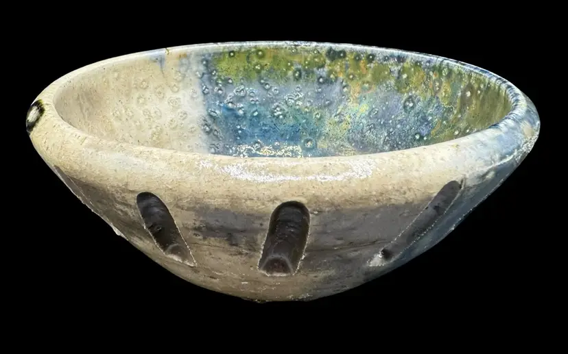 Studio Art Raku Pottery Bowl Metallic Off White Green Black Handmade 6.25”