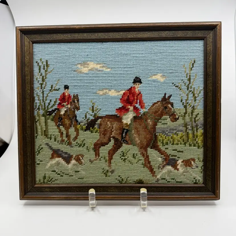 Vintage Framed Equestrian Fox Hunt Horses & Hounds Needlepoint Artwork 13”