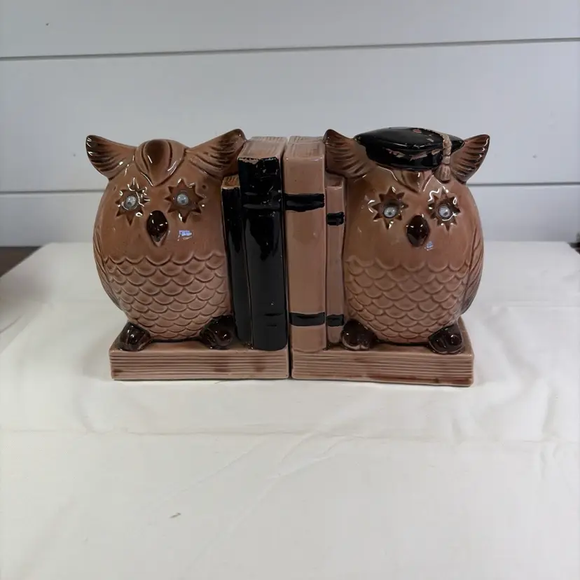Vintage Ceramic Graduation Owl Bookends Made In Japan