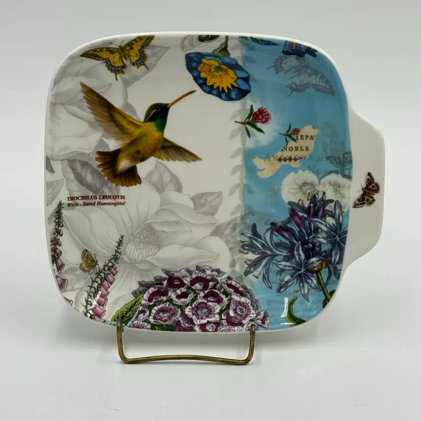 Portmeirion Botanic Hummingbird Square Canape Plate Trinket Single Handle Dish