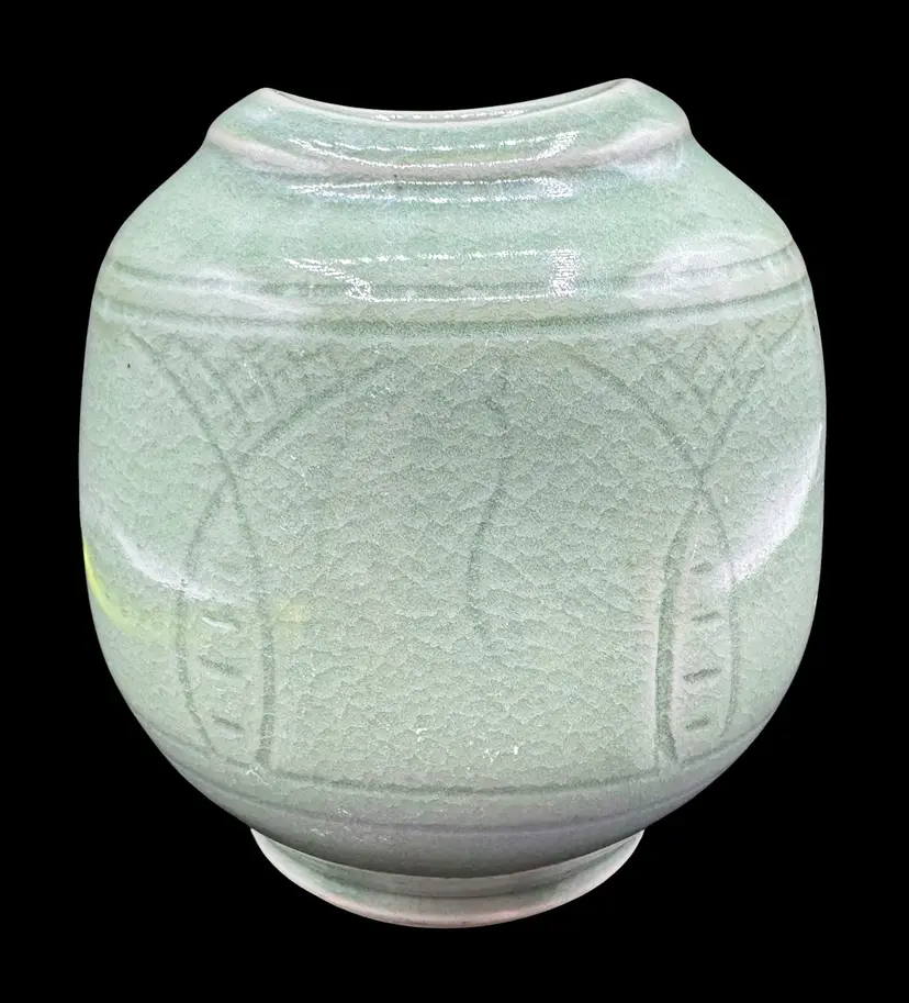 Signed Celadon Art Pottery Vase Crazed Hand Carved Blue Green Gray 4.75”