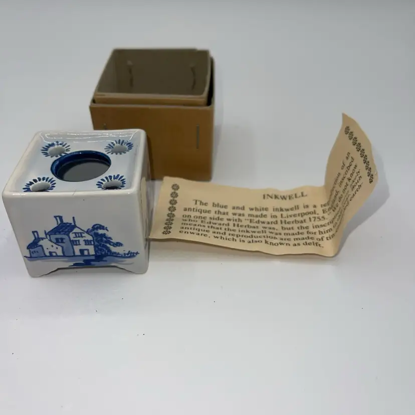 Delft Footed Blue Ceramic Flower Frog/ Inkwell Edward Herbat 1755 W/ Box