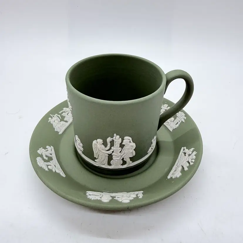 Vintage Wedgwood Sage Celadon Green Jasperware Demitasse Espresso Cup & Saucer