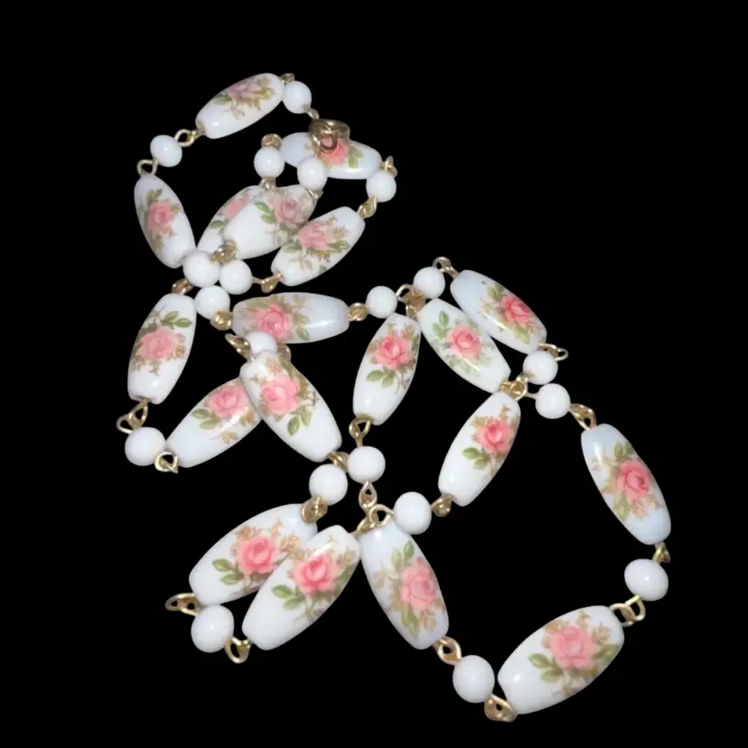 Vintage 26” Handpainted Milk Glass Beaded Necklace Glows!
