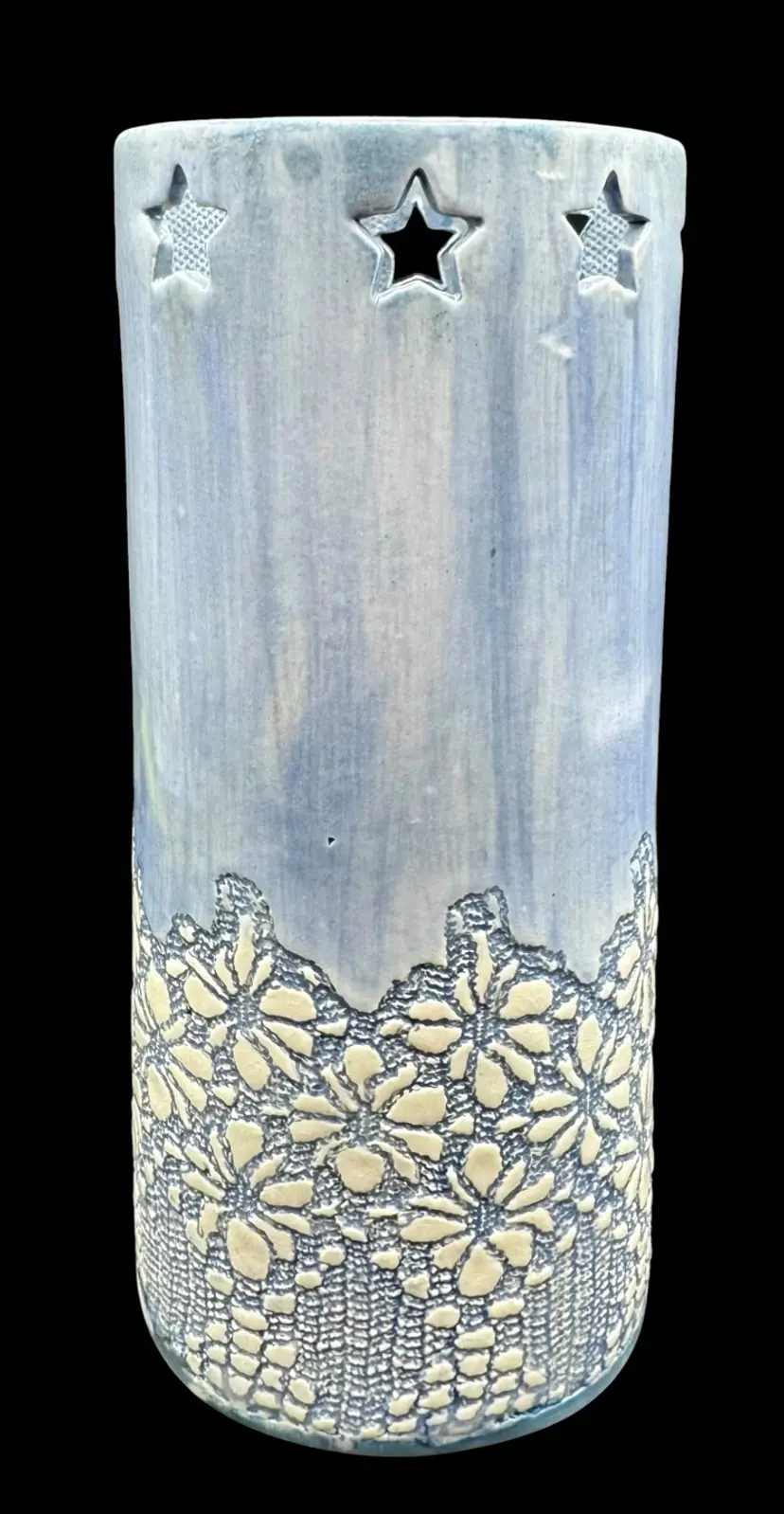 Handmade Studio Art Pottery Vase Star Cutout Lace Texture Blue Cylinder 8”