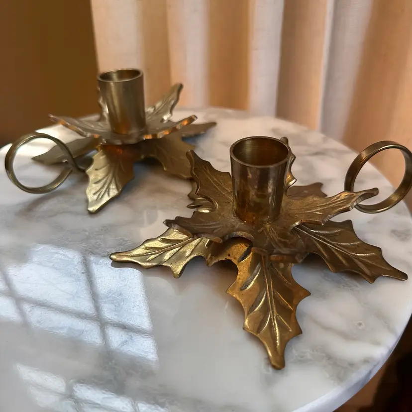 🔔 Pair Of Vintage Brass Poinsettia Chamberstick Style Candle Holders