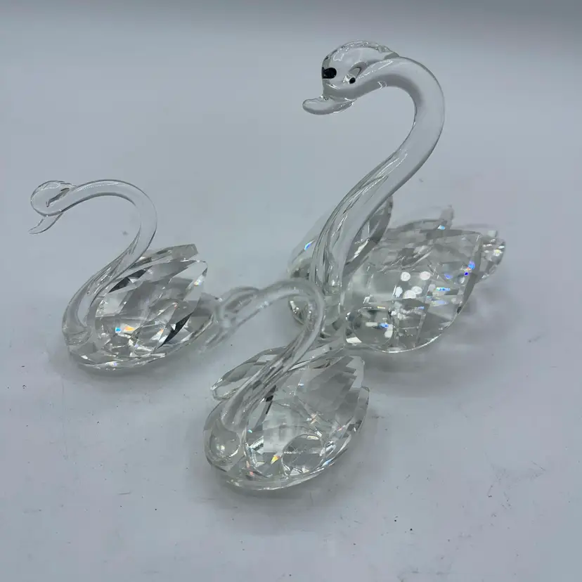 Faceted Clear Crystal Large Swan W/2 Small Crystal Swan Figurines