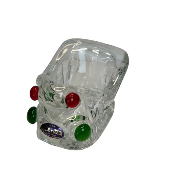 24% Clear Crystal Sleigh With Attached Green And Red Glass Beads 3 1/2x5x3 1/2