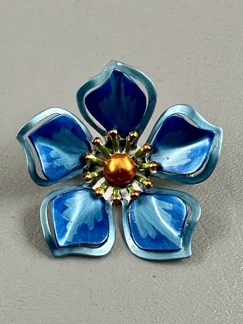 Vintage Blue Enamel Flower Brooch Pin Layered Petals Gold Tone Floral Jewelry