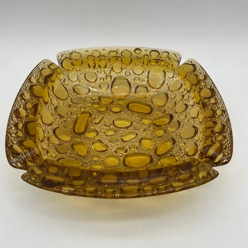 Vintage MCM Libbey Glass “Pebble Beach” Amber Bubble Glass Ashtray