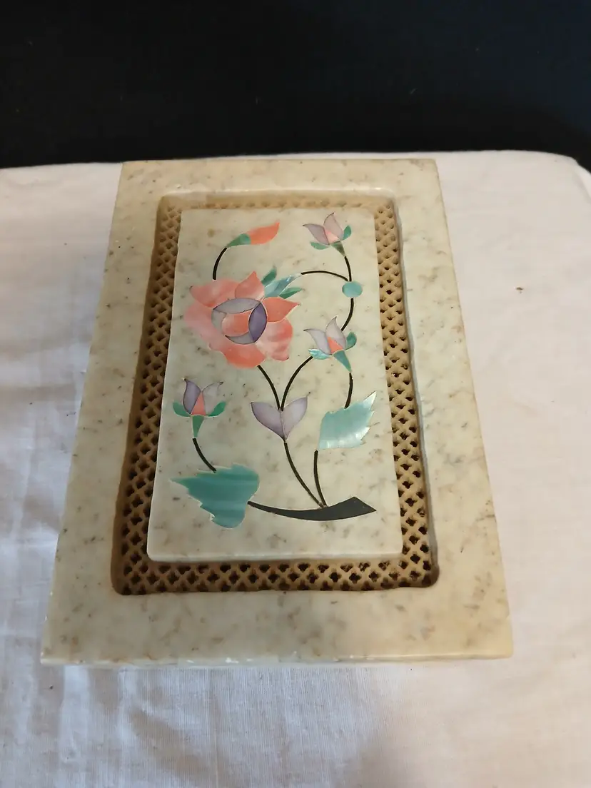 Vintage Floral Inlay Stone Trinket Box