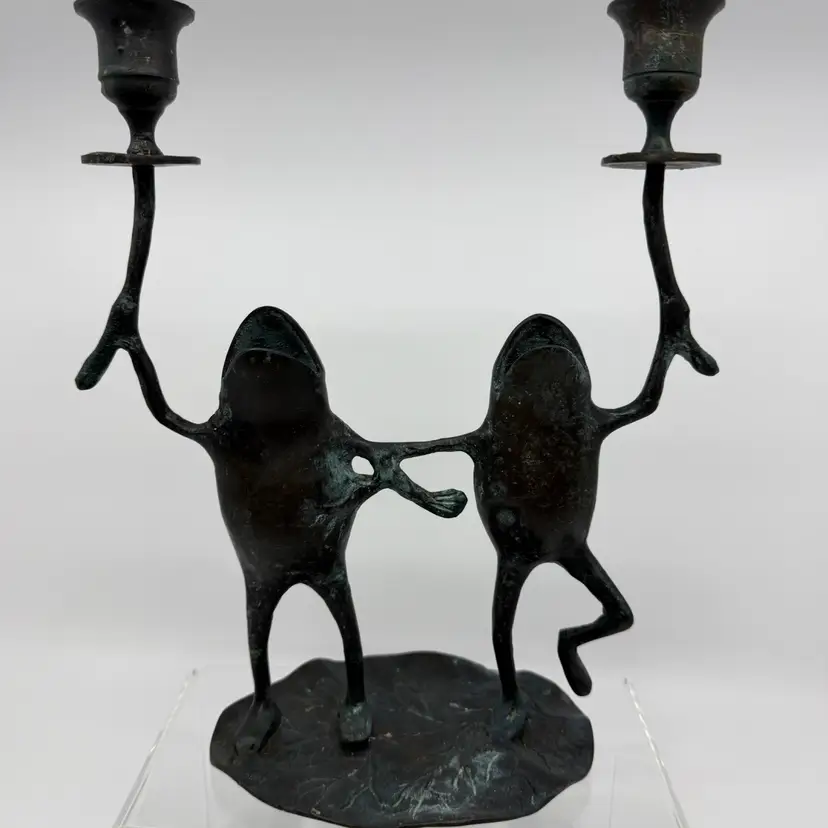 2 Metal Verdigris Patina Dancing Frogs On Lily Pad Double Candlestick 10”