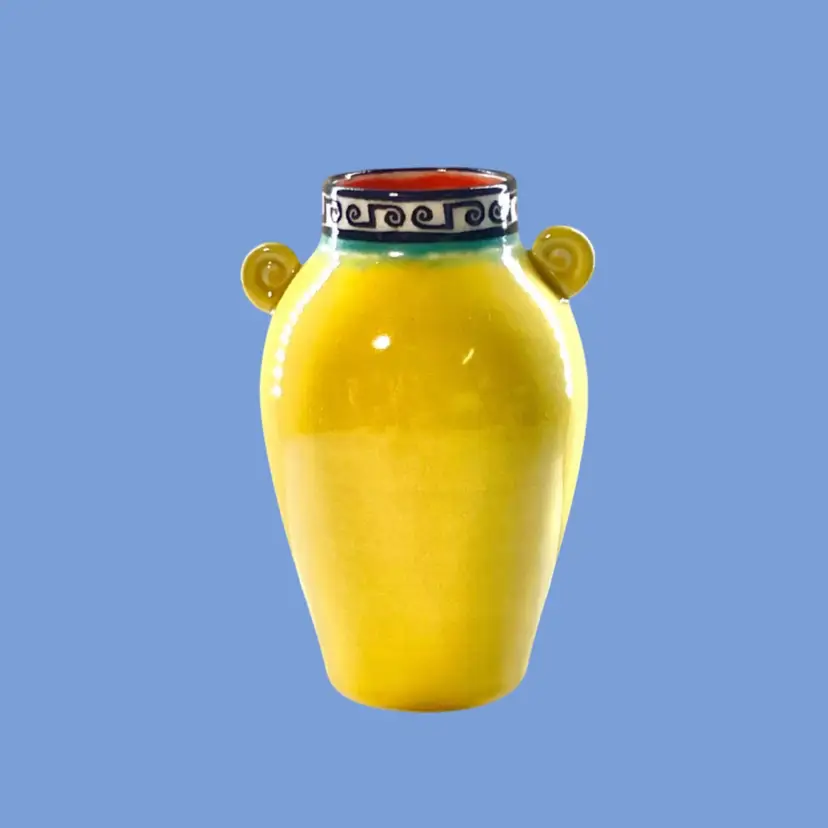 #269- Pottery Vase Applied Scroll Handles Yellow Glaze Ceramic  Black & White Greek Key Pattern Blue Band On Neck