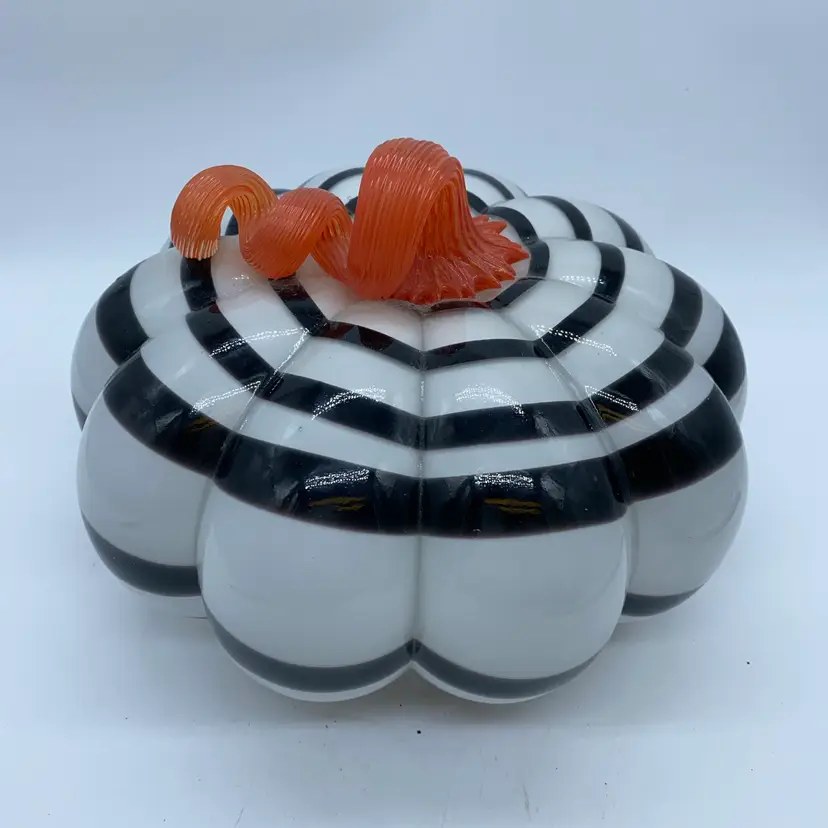 #1214 Large Art Glass Black And White Pumpkin With Orange Pulled Glass Stem
