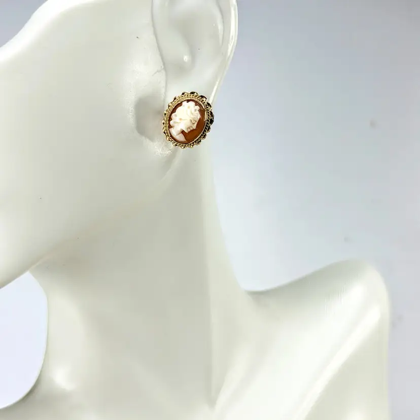 Vintage 14K Gold Carved Shell Cameo Earrings Ornate Frames JR2021