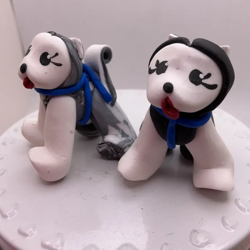 POW4 Polymer? Clay Two Husky Dog Figurines Hand Made Signed 1.75"