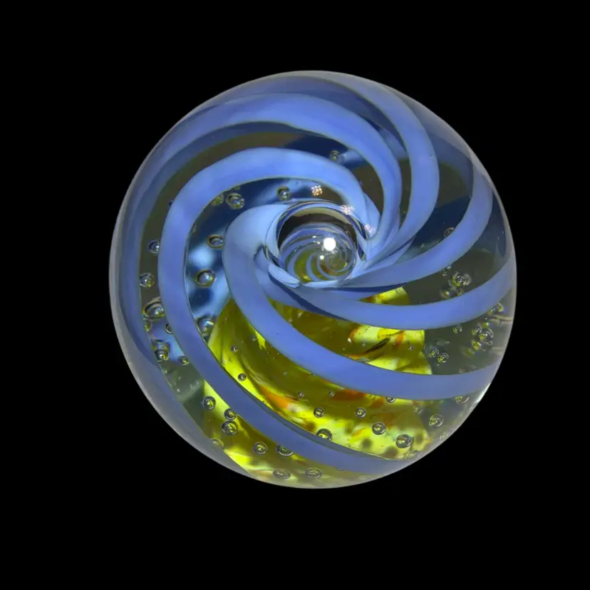 Blue Swirl With Yellow Swirled Core Studio Art Glass Paperweight