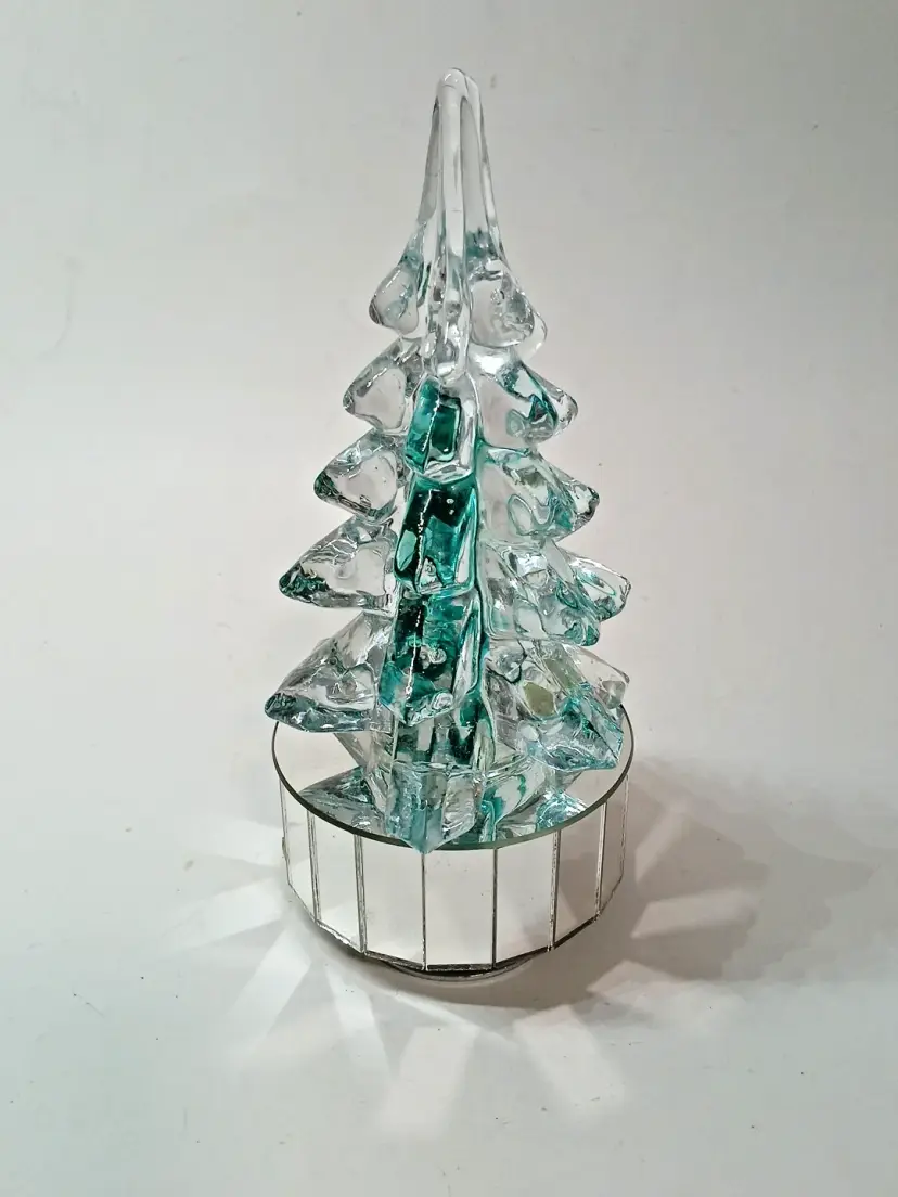 Enesco Vtg Green Glass Christmas Tree Music Box Mirrored Glass White Christmas