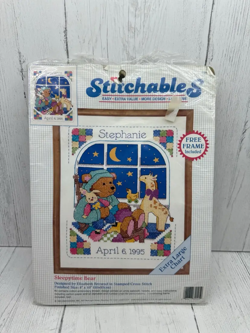 Stitchables Sleepytime Bear Stamped Cross Stitch Name Birth Date NEW 1993 Frame