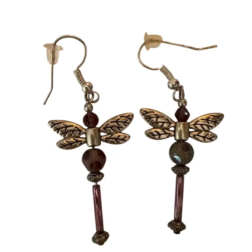 Purple Dragonfly Glass Bead Earrings