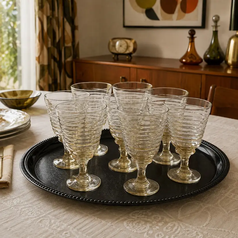 Vintage Libbey Sirrus Amber Ribbed Glass Goblets Set
