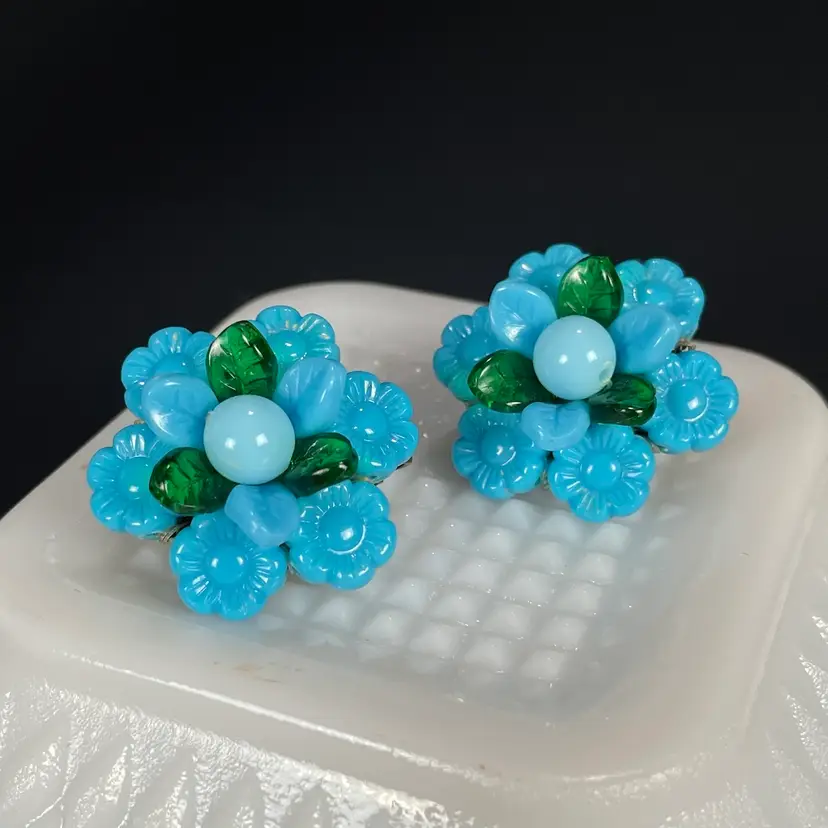 Blue Plastic Flower Lucite Beaded Cluster Clip On Earrings Brass Germany Vintage 1"