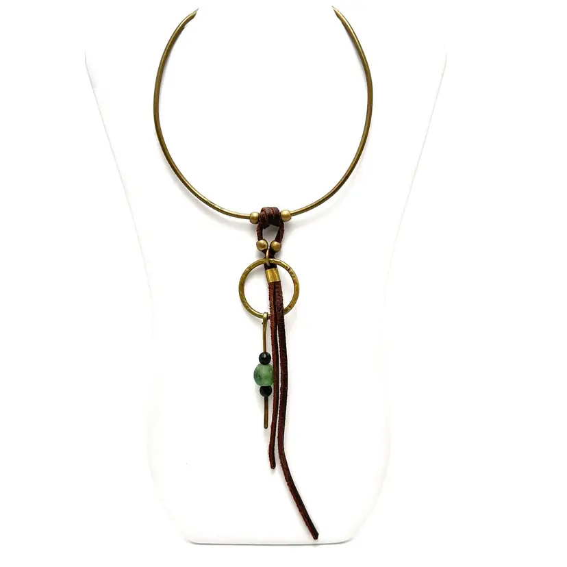 Brass Torc Necklace Suede Leather Brass Ring Glass Beads Artisan Made Unsigned 14”