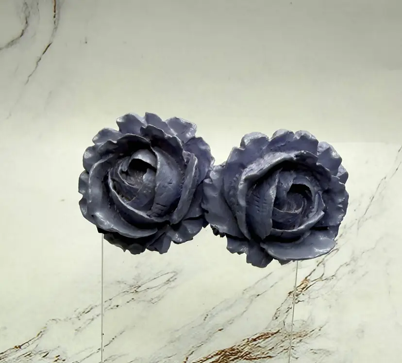 Vintage Lavender Purple Rose 3D Resin Clip On Huggie Earrings 1.25"