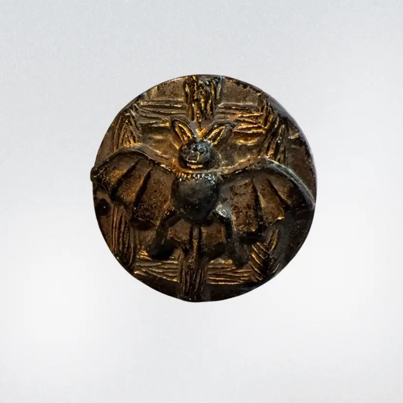 03 - Victorian Black Glass FLYING BAT Button w/Gold Luster 3/4”