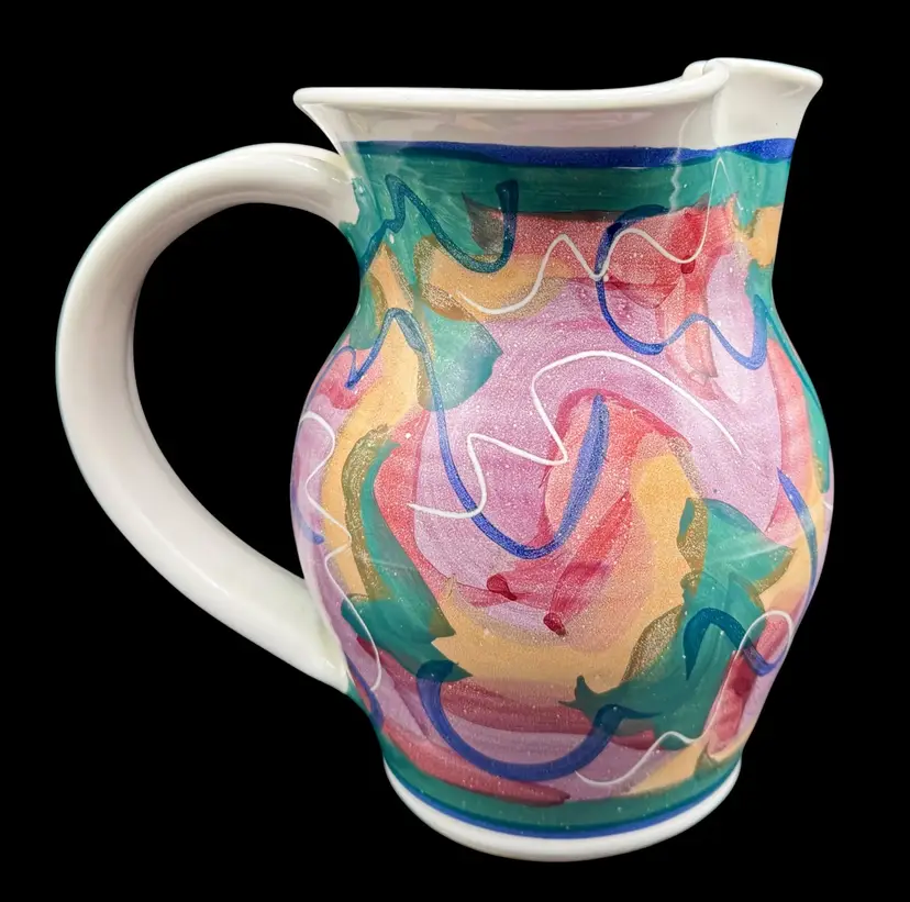 Signed Studio Art Pottery Pitcher Abstract Hand Painted Green Purple Orange Red
