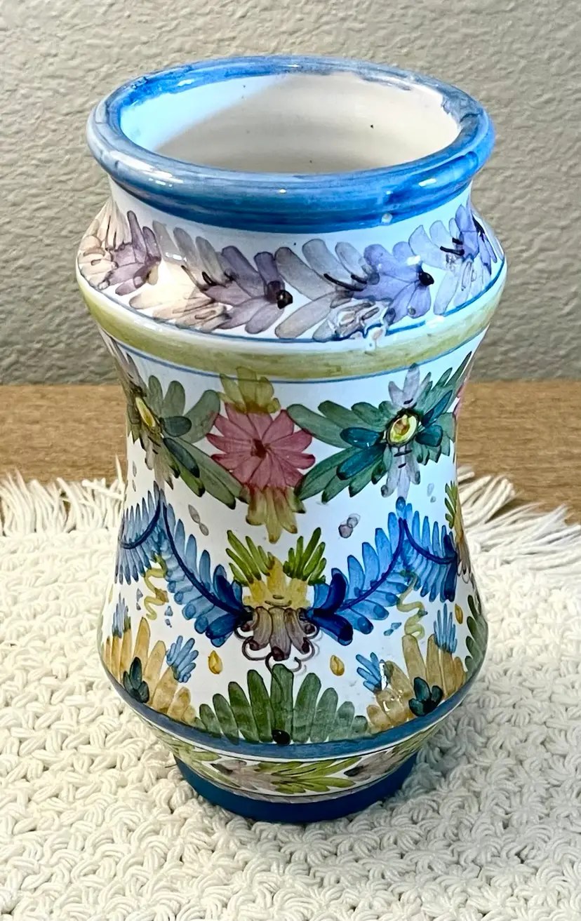 Vintage Cerámicas Sevilla Hand Painted Floral Majolica Vase Spain Signed C. Sevilla