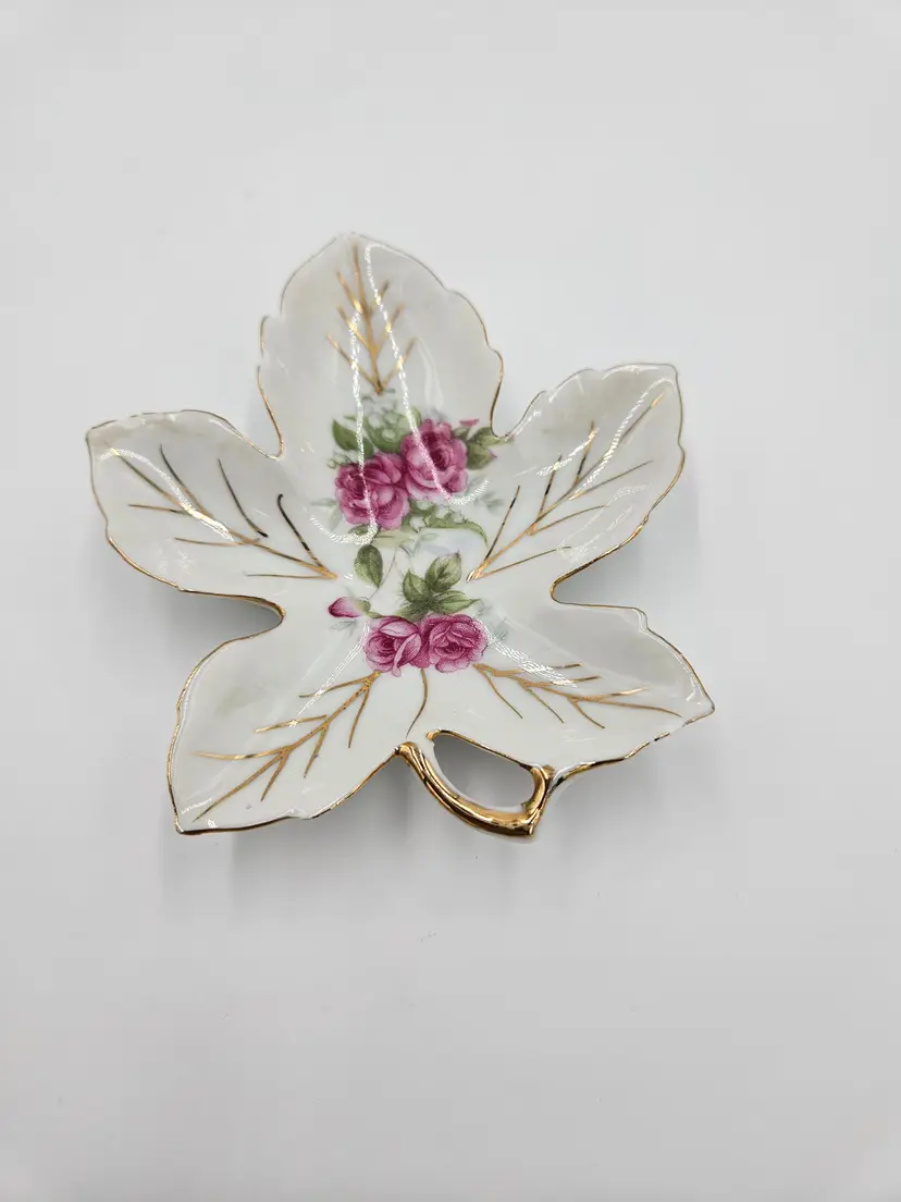 #D19 Porcelain Leaf Shaped #7212 Pink Rose Trinket Dish